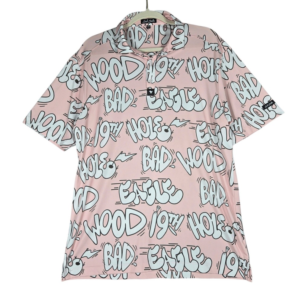 Bad Birdie Golf Polo Mens Large Pink Graffiti 19th Hole Eagle Wood Print Shirt